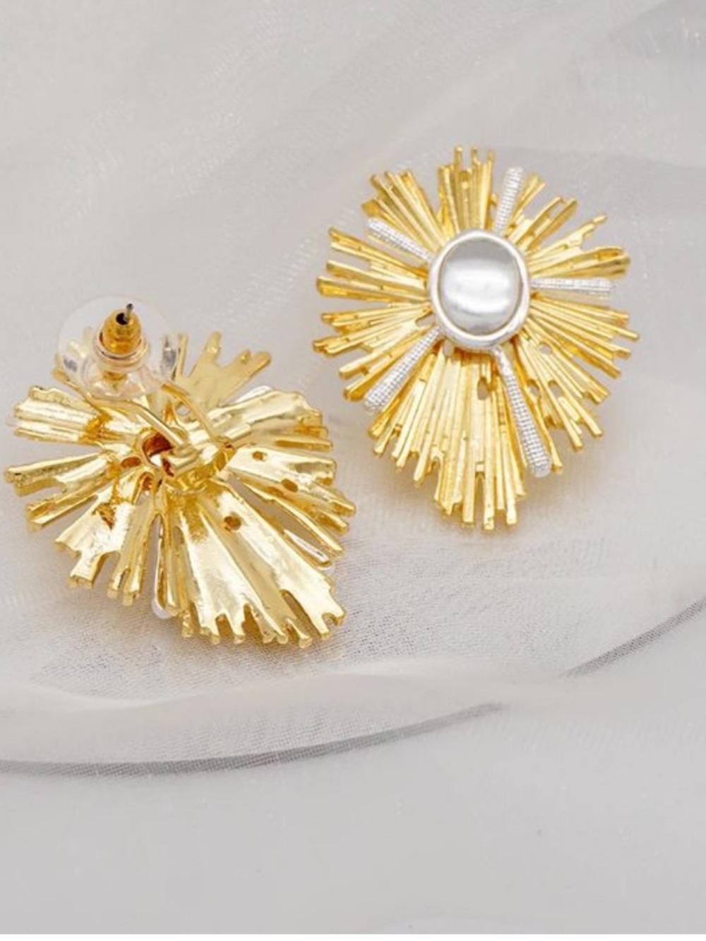 Gold Sunburst Starburst Faux Diamond Center Stud Earrings